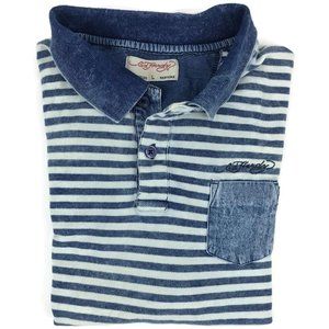 Ed Hardy White Blue Striped Pique Polo Shirt Large